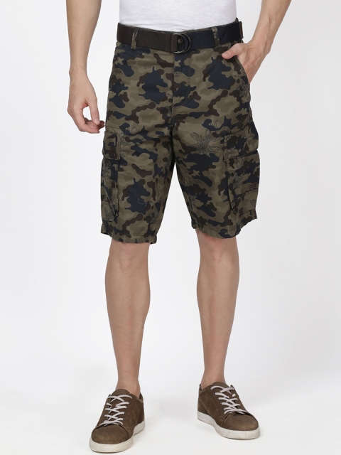 

t-base Men Olive Green Camouflage Printed Regular Fit Cotton Cargo Shorts