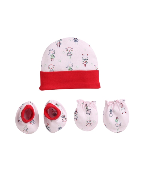 

BUMZEE Kids Pink & Red Printed Beanie With Mittens & Booties