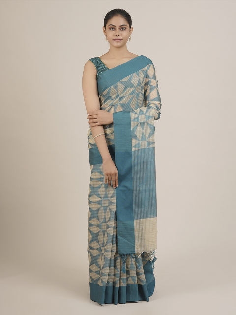 

Pothys Turquoise Blue & Beige Supernet Printed Saree With Tasseled Pallu