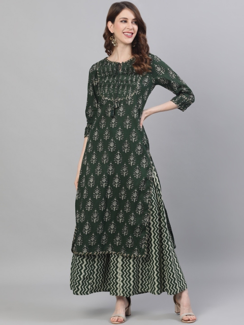 

Ishin DESIGNER STUDIO Women Green Ethnic Motifs Printed Regular A-Line Pure Cotton