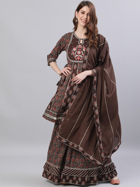 

Ishin DESIGNER STUDIO Women Brown & Red Yoke Design A-Line Kurta with Sharara & Dupatta