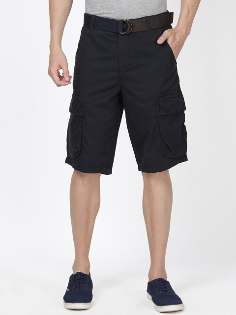 

t-base Men Blue Solid Regular Fit Cotton Cargo Shorts With Belt