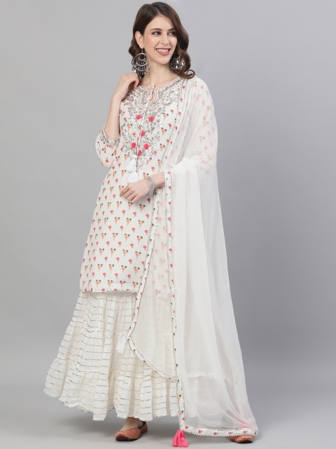 

Ishin DESIGNER STUDIO Women White Gota Patti Embroidered A-Line Kurta Sharara Dupatta Set
