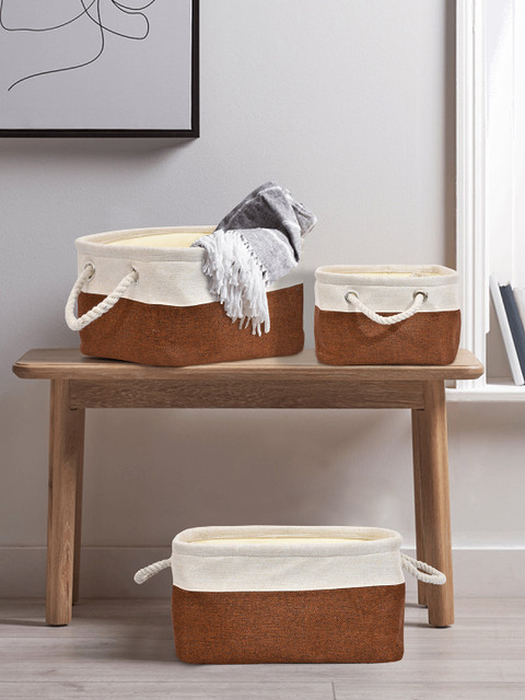 

Clasiko Set Of 3 Brown & Off-White Colourblocked Eco-Friendly Jute Organiser Baskets, Tan