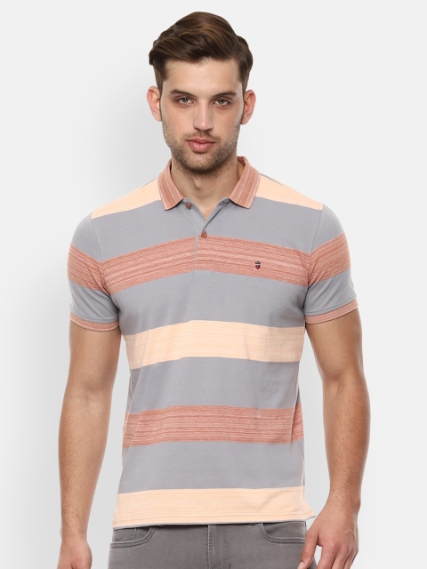 

Louis Philippe Sport Men Grey & Peach-Coloured Striped Slim Fit Polo Collar T-shirt