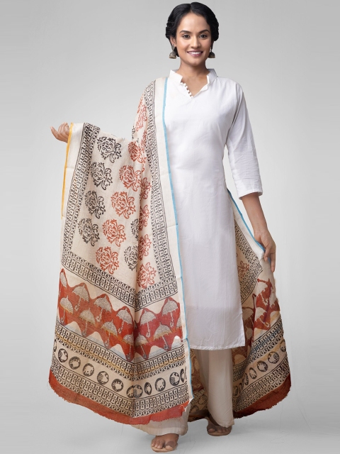 

Unnati Silks Cream-Coloured & Rust Printed Dupatta