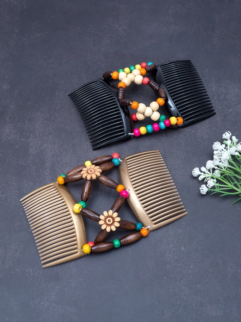 

Golden Peacock Set of 2 Gold-Toned & Black Wooden Beads Double Comb Pin
