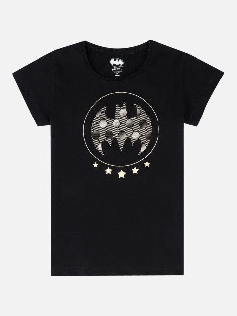 

Kids Ville Girls Black Pure Cotton Batgirl Print Round Neck Pure Cotton T-shirt