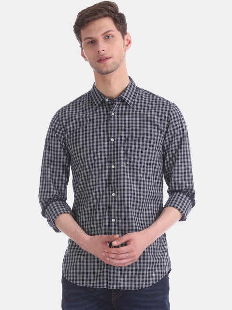 

AD By Arvind Men Navy Blue & White Slim Fit Printed Pure Cotton Casual Shirt