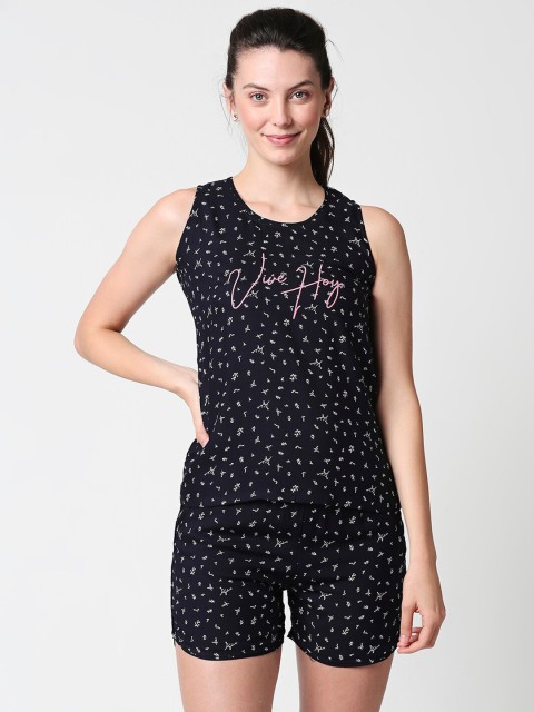 

Zeyo Women Navy Blue & White Printed Night suit