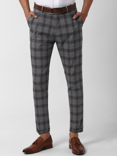 

Peter England Men Grey & Navy Blue Slim Fit Checked Regular Trousers