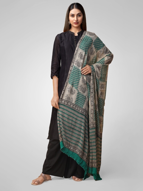 

Unnati Silks Cream-Coloured & Green Printed Dupatta