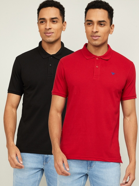 

Fame Forever by Lifestyle Men Pack of 2 Black & Red Solid Polo Collar Cotton T-shirt