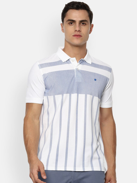 

Louis Philippe Men White & White Striped Polo Collar T-shirt
