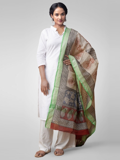 

Unnati Silks Cream-Coloured & Brown Bagru Printed Pure Linen Handloom Sustainable Dupatta