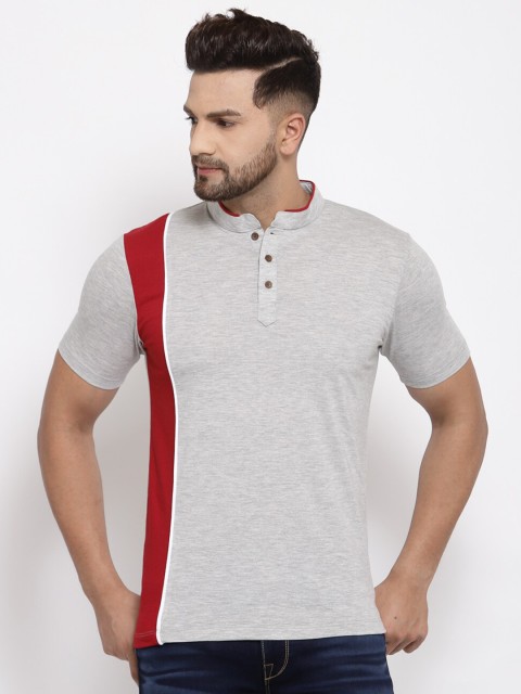 

Kalt Men Grey Melange & Red Colourblocked Mandarin Collar T-shirt