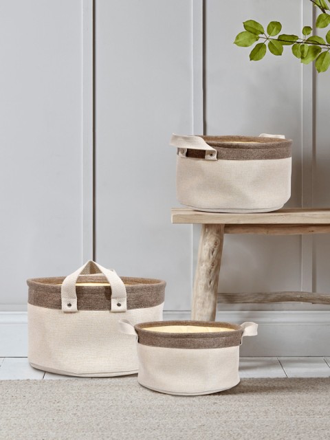 

Clasiko Set Of 3 Beige & Off-White Solid Eco-Friendly Handcrafted Organiser Baskets