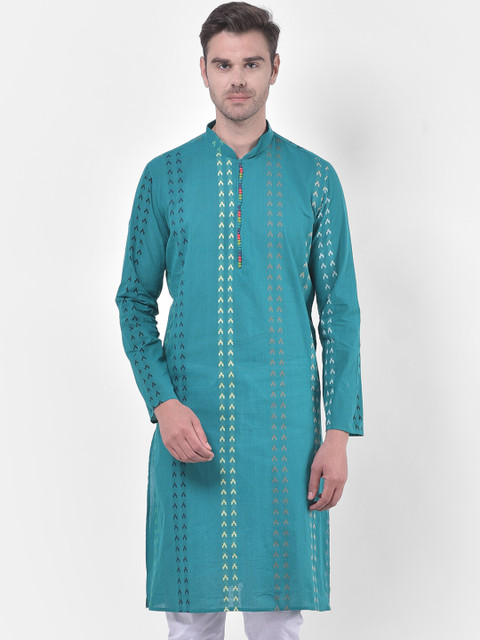 

LAMAAYA Men Turquoise Blue & White Geometric Printed Cotton Kurta