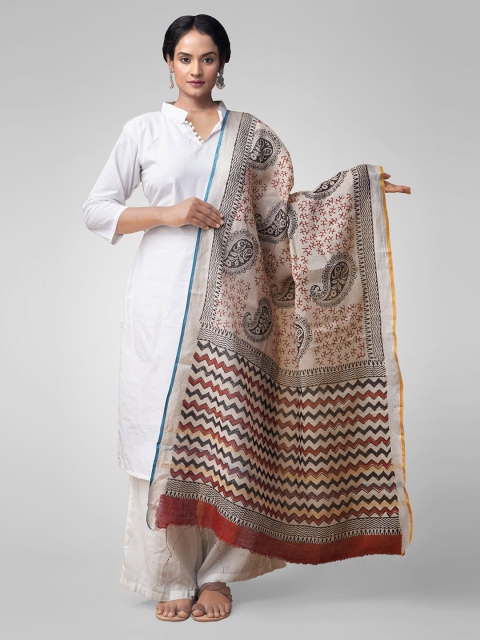 

Unnati Silks Cream-Coloured & Black Bagru Printed Dupatta
