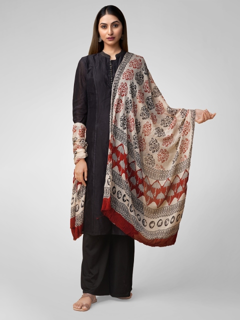 

Unnati Silks Cream-Coloured & Brown Bagru Printed Dupatta