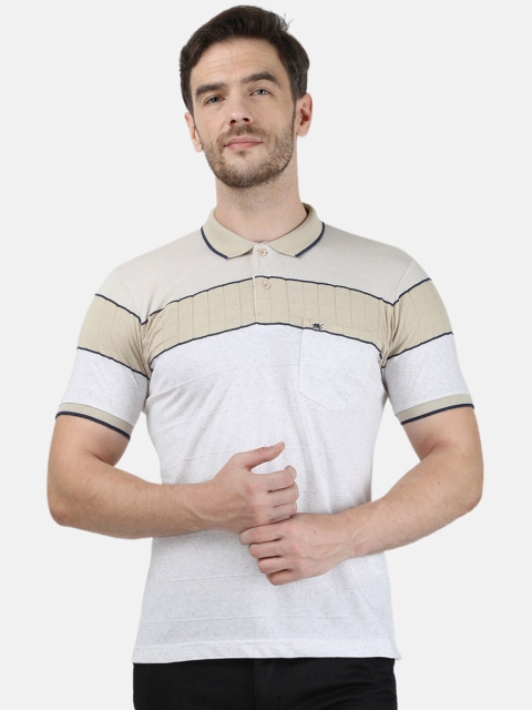 

Monte Carlo Men Off-White & Beige Striped Polo Collar T-shirt