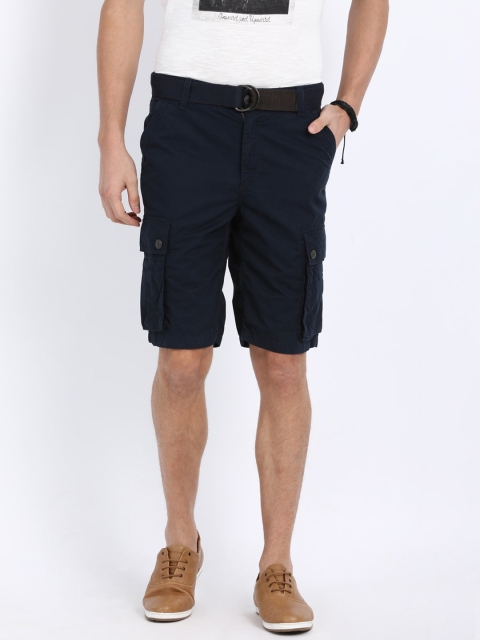 

t-base Men Navy Blue Solid Regular Fit Pure Cotton Cargo Shorts