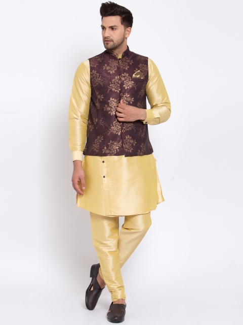 

KLOTTHE Men Yellow & Brown Regular Straight Kurta & Pyjamas With Nehru jacket