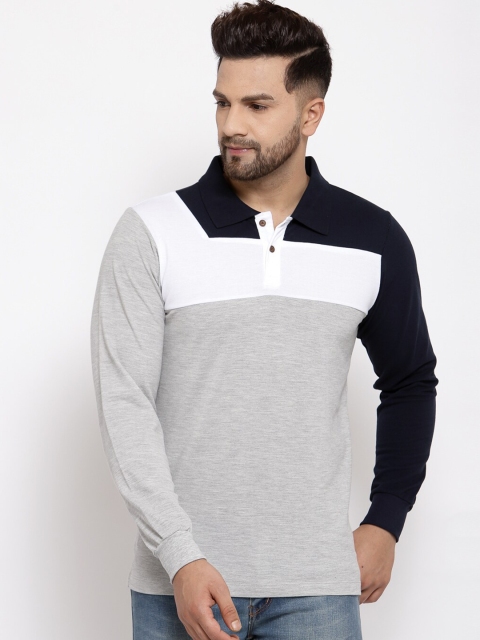 

Kalt Men Grey Melange & White Colourblocked Polo Collar T-shirt