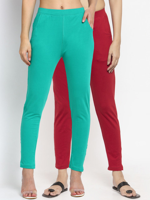 

NEUDIS Women Pack Of 2 Solid Ankle-Length Leggings, Sea green
