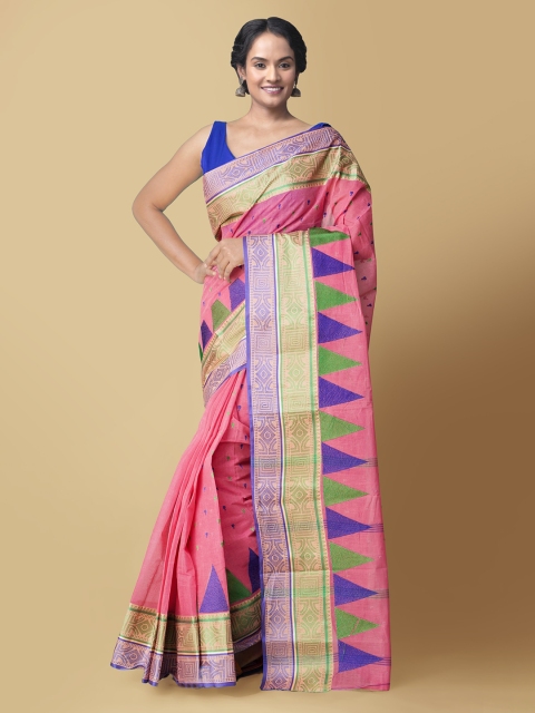 

Unnati Silks Pink & Blue Pure Cotton Woven Design Taant Saree