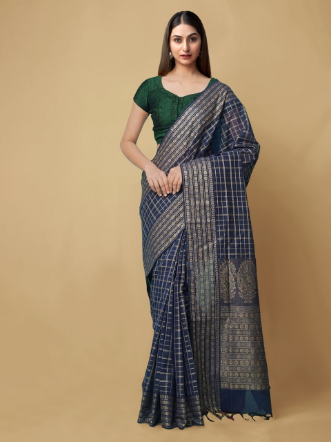 

Unnati Silks Navy Blue & Beige Pure Cotton Checked Mysore Silk Handloom Saree