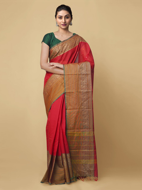 

Unnati Silks Red Pure Cotton Solid Chettinad Saree