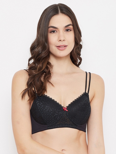 

Clovia Black & Pink Lace Non-Wired Lightly Padded T-shirt Bra