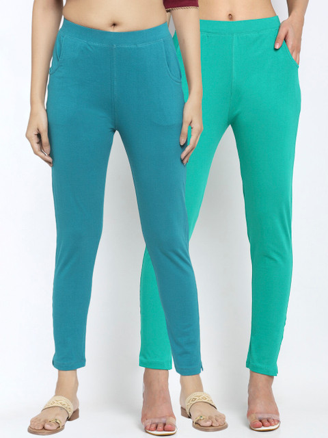 

NEUDIS Women Pack Of 2 Solid Ankle-Length Leggings, Teal