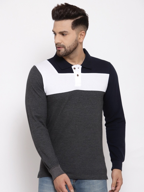 

Kalt Men Charcoal Grey & White Colourblocked Polo Collar T-shirt