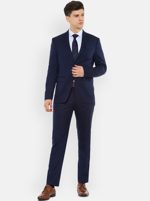 

Luxure by Louis Philippe Men Navy Blue Striped Woolen Slim-Fit Formal 2-Piece Suit