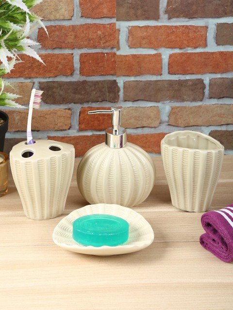 

House Of Accessories Set of 4 Cream-Coloured Self Striped Bathroom Accessories
