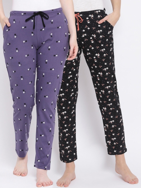 

Kanvin Women Pack of 2 Printed Pure Cotton Lounge Pants, Black
