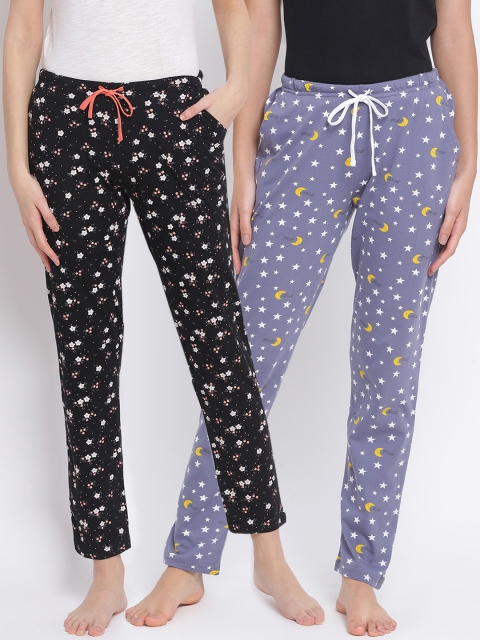 

Kanvin Women Pack of 2 Printed Pure Cotton Lounge Pants, Black