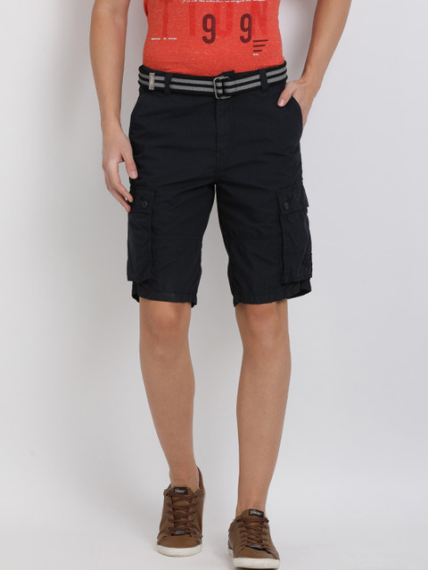 

t-base Men Navy Blue Solid Regular Fit Pure Cotton Cargo Shorts