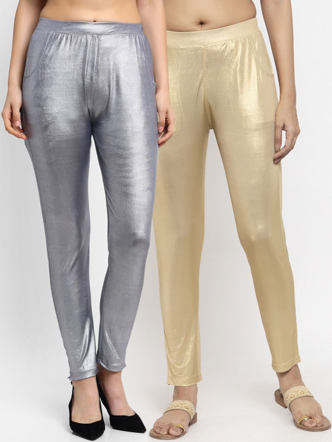 

NEUDIS Women Pack Of 2 Solid Ankle-Length Shimmer Leggings, Gold