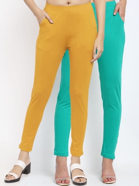 

NEUDIS Women Pack of 2 Teal Blue & Mustard Lycra Cotton Ankle Length Leggings