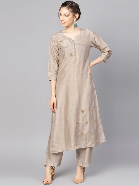 

Varanga Women Taupe Floral Embroidered Panelled A-Line Kurta with Palazzos