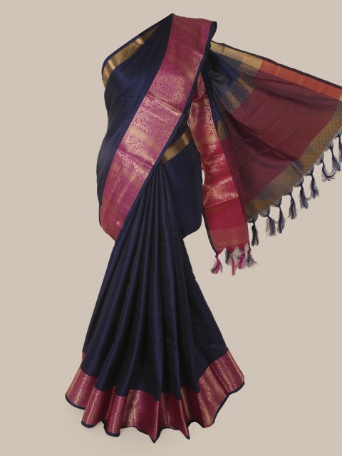 

Pothys Navy Blue Cotton Blend Solid Chanderi Saree