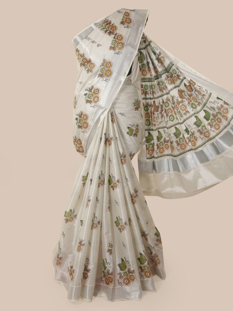 

Pothys Cream-Coloured & Mustard Yellow Cotton Blend Printed Saree