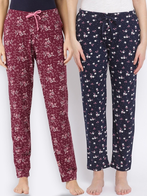 

Kanvin Women Pack of 2 Floral Print Pure Cotton Lounge Pants, Navy blue