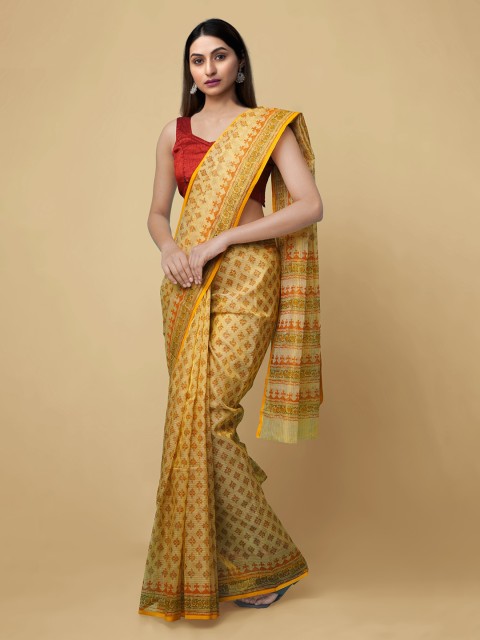

Unnati Silks Women Yellow Handloom Hand Block Printed Kota Doria Tissue Silk Sustainable Saree