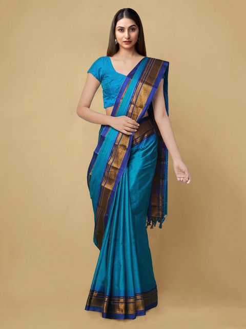 

Unnati Silks Blue & Gold-Toned Silk Cotton Solid Narayan Peth Handloom Saree