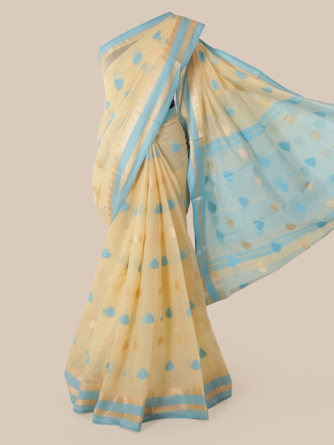 

Pothys Cream-Coloured & Blue Cotton Blend Woven Design Chanderi Saree