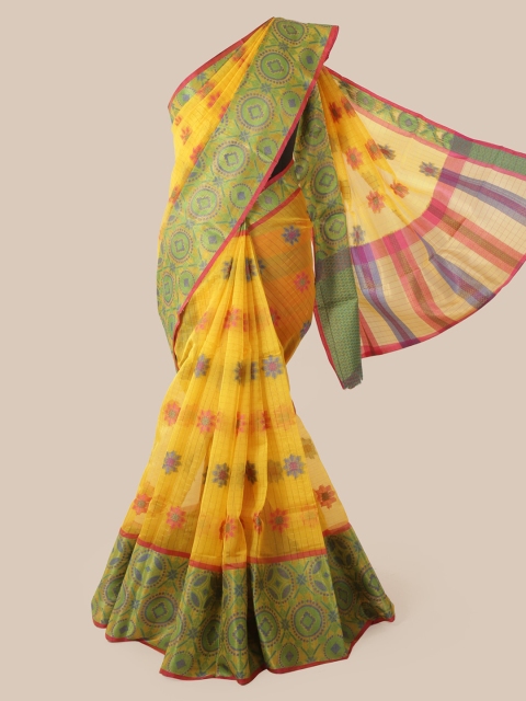 

Pothys Yellow & Green Cotton Blend Woven Design Chanderi Saree